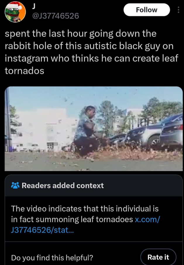 screenshot - J spent the last hour going down the rabbit hole of this autistic black guy on instagram who thinks he can create leaf tornados Readers added context The video indicates that this individual is in fact summoning leaf tornadoes x.com J37746526